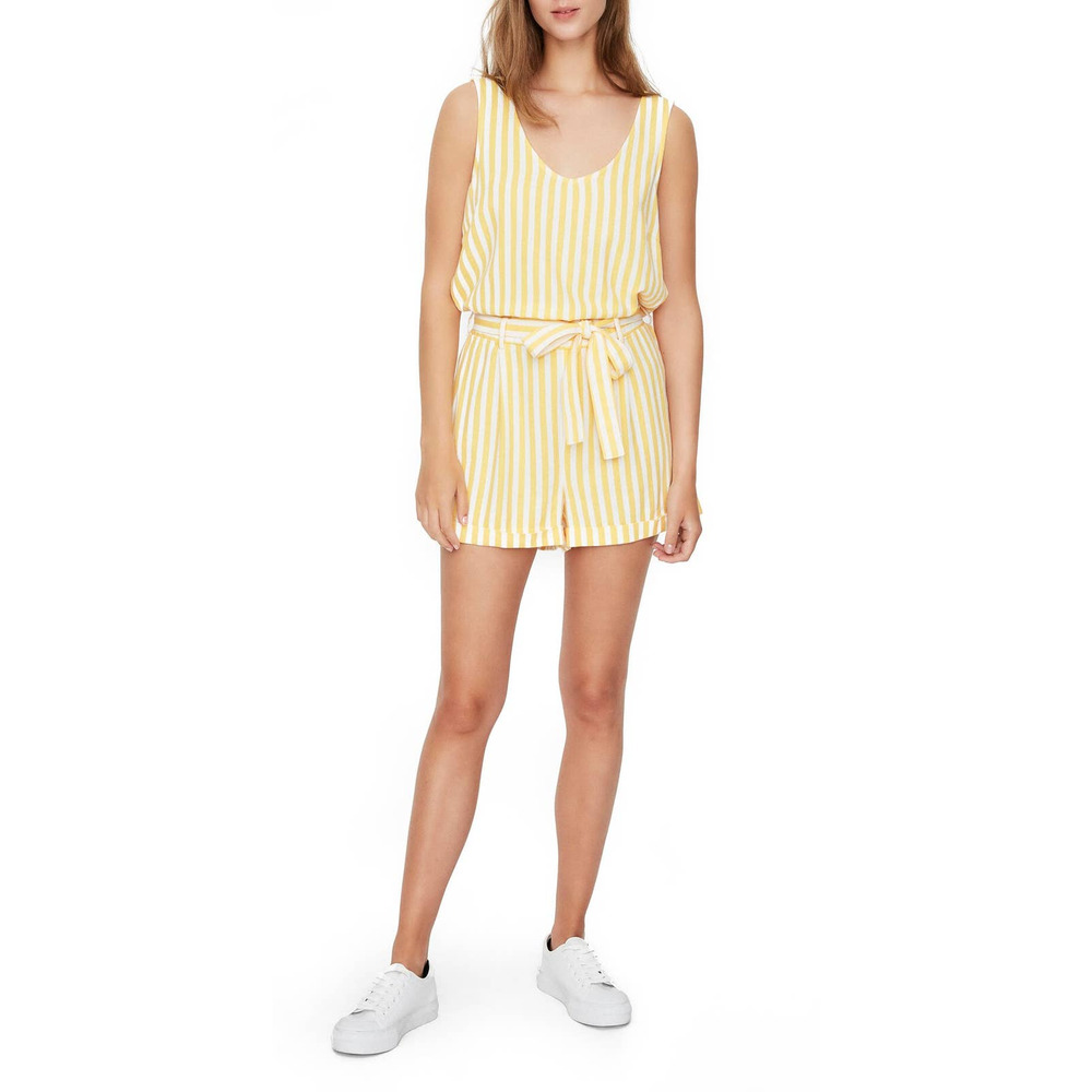 Vero Moda Womens Helen Milo Yellow Striped V-neck Linen Blend Romper Sz S Preppy